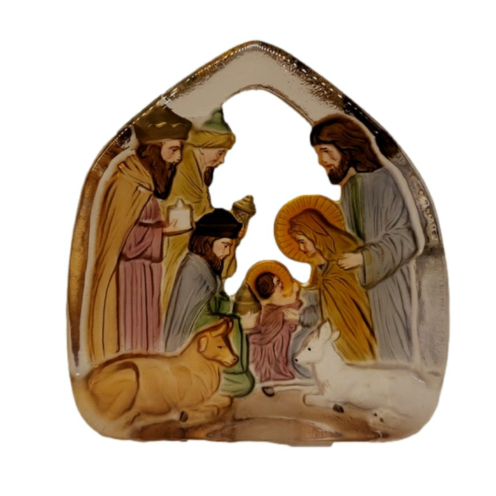 Unbranded Paper Weight Glass Nativity Manger Jesus Joseph Mary 5" x 5.25" x 1"